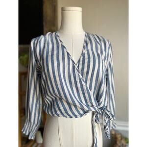 Rails Wrap Top Linen Blend Blue and White Striped Cropped Size Small